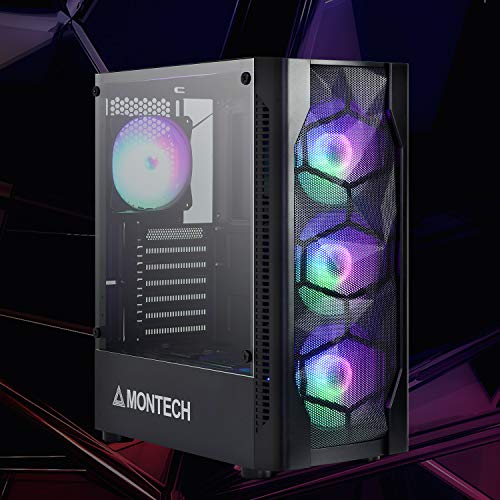 Montech X1 Black ATX Mid-Tower Case - High Airflow, Front Mesh Ventilation, Tempered Glass Side Panel, Pre-Installed 4 x 120mm Autoflow Rainbow LED Fans