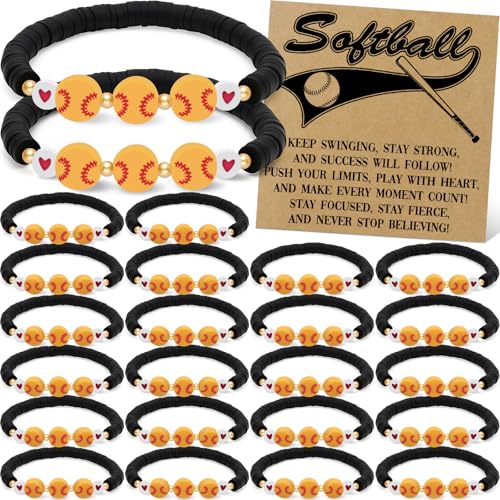 TMKEFFC 24 PCS Softball Bracelets Team Gifts – Adjustable Bead Charm Bracelets with Motivational Cards for Softball Players, Team Party Favors, Sport Birthday Goodie Bag Bulk Supplies