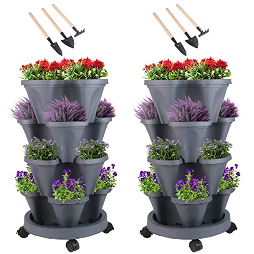 GameXcel Vertical Planter Tower - 4 Tier Stackable Garden Planters with Wheels and Tools Plant Pots for Strawberry Herb Flower and Vegetable Indoor Outdoor Use Dark Gray 2 Pack