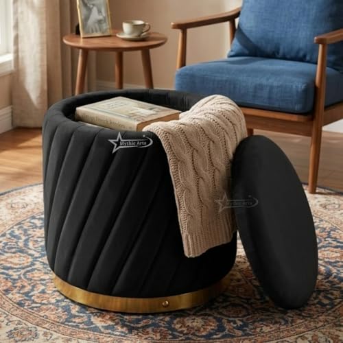 Image of Mythic ArtsRound Upholstered Sitting Stool & Footrest Velvet Storage Ottoman Pouffe16 X 16X 19 inch | Versatile Puffy for Living Room, Bedroom, and Office ? Chic Home Furnishings & Dcor Black