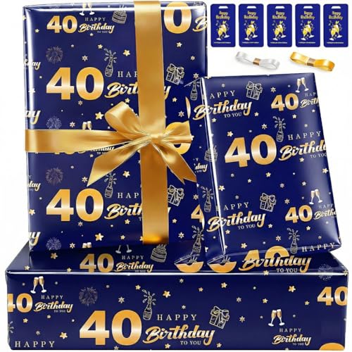 40th Birthday Wrapping Paper Set with Tags Ribbons Gift Wrapping Paper for Men Dad Him Happy Birthday Paper Wrapping Present Wrap Luxury Gift Wrap Paper for Birthday Gifts Decorations Blue Gold