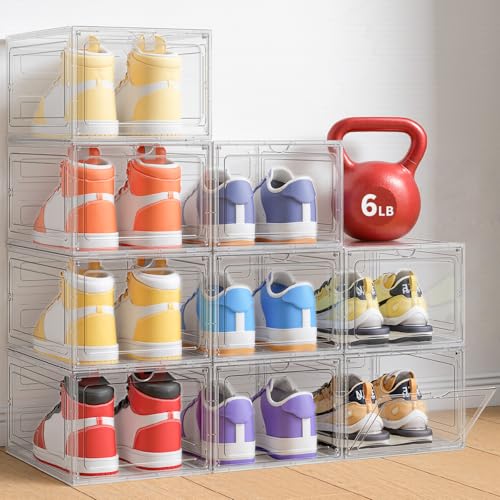 Kitsure Thicken & Sturdy Shoe Boxes - 9 Pack White Clear Plastic Stackable & Reinforced Organizer with Magnetic Door, Heavy-Duty Storage for Sneakers, Toiletries & Toys, 13.4' x 10.6' x 7.1'