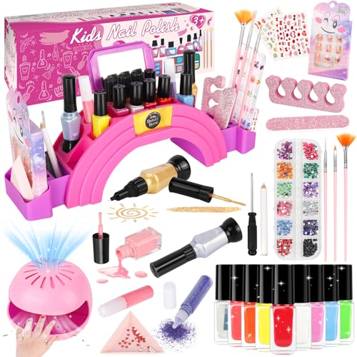 Oisacirg Kids Nail Polish Set for Girls, 28Pcs Nail Art Kit with Nail Dryer, Non-Toxic Peel-Off Water-Based Nail Polish Christmas Birthday Gifts Toddlers Kids Girls Toys Ages 8 9 10+