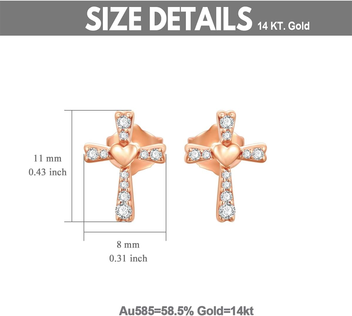 SISGEM 14k Rose Gold Cross Stud Earrings for Women, 14kt Created Moissanite Religious Jewelry Confirmation Gifts for Her - Image 3