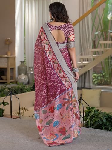 Image of Satrani Women's Linen Printed & Embroidery Ready To Wear Saree with Unstitched Blouse Piece
