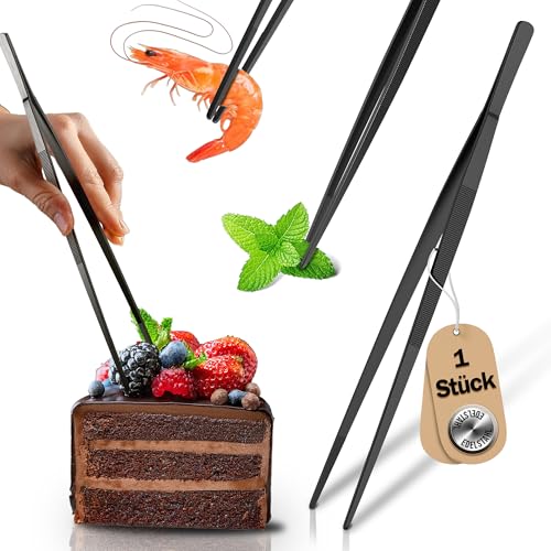 Menz Pinzette da cucina in acciaio inox, pinzette nere da cucina, 30 cm, pinzette da cucina a punta per la decorazione e la decorazione di cibi, pinzette per barbecue per cucina, campeggio, barbecue