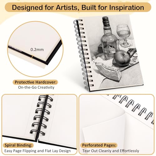 DazSpirit 2Stück A5 Skizzenbuch, Hardcover Zeichenblock mit 160g/m² dickem Papier, 12 Skizzenstifte & Radiergummis, Spiralbindung, 60 Blätter/120 Seiten Skizzenblock – für Bleistift, Kohle, Pastell