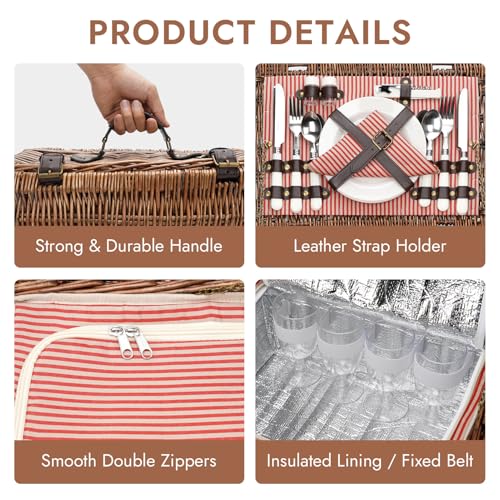Image of Picnic Basket Set for 4 Persons with Cooler and Waterproof Picnic Blanket, Classical Wicker Picnic Baskets with Waterproof & Sand-Proof Beach Mat,Willow Hamper Service Gift Set