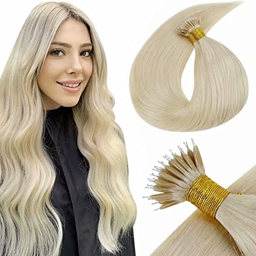 LaaVoo Nano Bead Ring Human Hair Extensions 16 Inch Pre Bonded Nano Hair Extension Solid Color #24 Golden Blonde Nano Tip Remy Hair Extensions Natural Human Hair 50g/50strands
