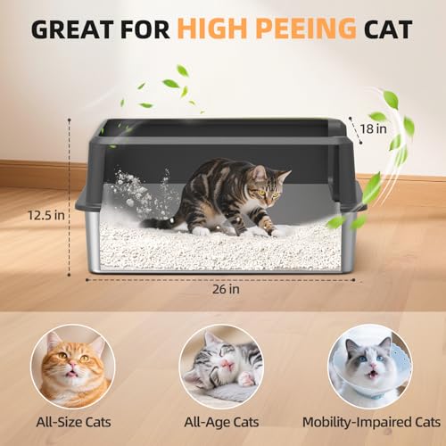 Image of WoofiGo Enclosed Stainless Steel Cat Litter Box with Lid, XL Extra Large Litter Box for Big Cats, Metal Litter Pan High Sided, Never Absorbs Odors, Anti-Urine Leakage, Include Scoop (65-Darkgray)