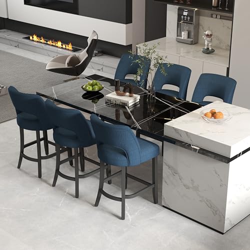 Image of VKNOW Bar Stools Set of 6, 26 inch Upholstered Counter Height Bar Stools | Modern Counter Stools with Black Rubberwood Legs for Kitchen Island Dining Room Bar, Blue-Black Legs