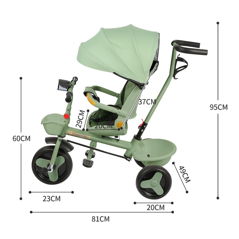 Triciclo bambini fino 25 kg, Passeggino con Maniglione regolabile, Bici, Sedile girevole Fronte Mamma e Strada, Cappottina pieghevole, Ruota libera,100 * 75 * 50 cm - Verde