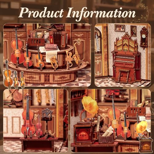 Image of CUTEBEE Book Nook Kit - DIY Dollhouse Miniature House Musical Room, 3D Wooden Puzzle & Music Style Miniature House Build Yourself, Book Library Gifts for Family and Friends (Bach Strings)