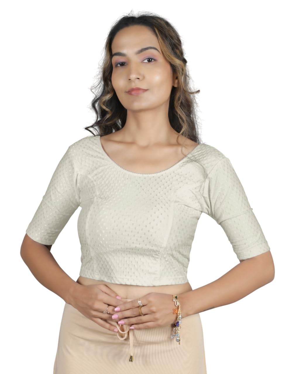 miss wears Women's Slim Fit Readymade Stretchy Pure Cotton Dobby Elbow Length Saree Blouse-picture-28