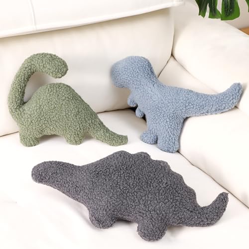 Shellwei 3 Pcs Dinosaur Pillow for Kids Sherpa Cute Color Dino Decorative Pillow Nursery Playroom Pastel Kawaii Decorative Birthday Toy for Boys Girls...