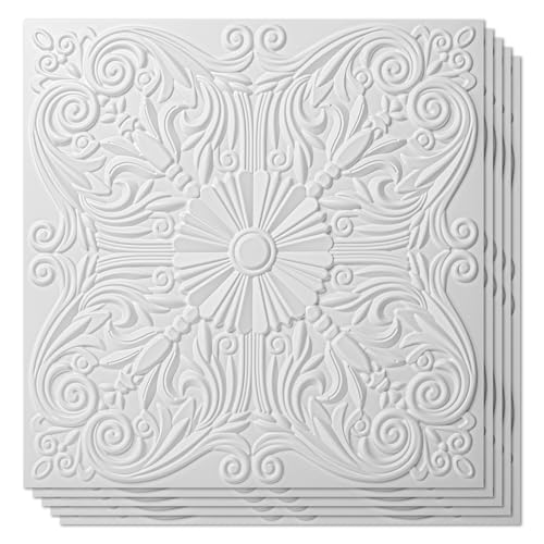 Image of Art3d Spanish Floral Drop Ceiling Tiles, 24 x 24 in, 12-Pack, Matt White