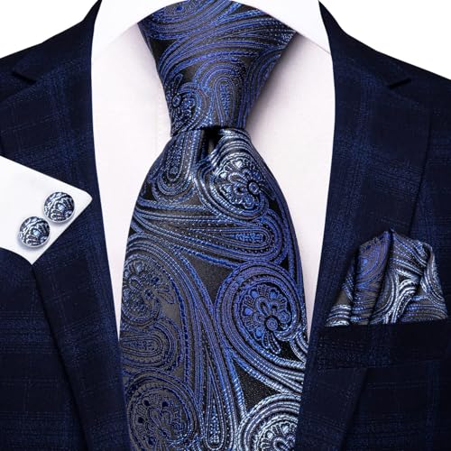 Image of Dubulle Mens Black Blue Paisley Floral Tie for Men Striped Necktie and Pocket Square Cufflinks Set Wedding Business