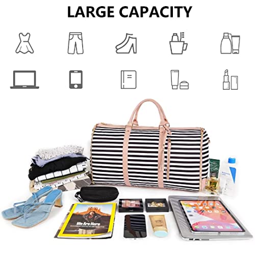 Image of Carry On Garment Bag, Large PU Leather Duffle Bag, Black White Stripe, Tote