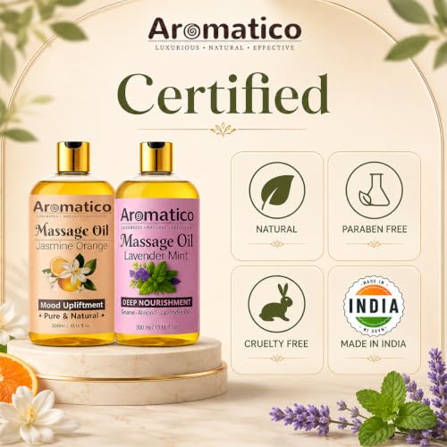 Image of AROMATICO - Lavender Mint & Jasmine Orange Massage Oils Pack of 2. For Mood Upliftment, Muscle Relaxation & Skin Nourishment, 100% Natural, Non-Sticky 300ml Pack of 2