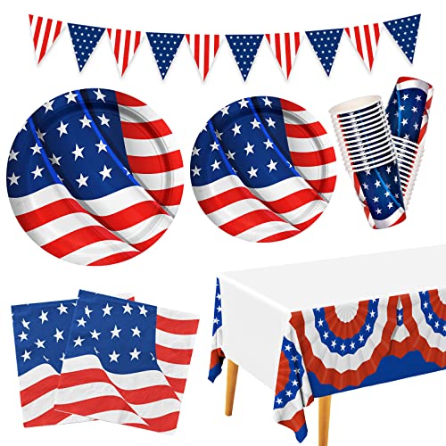 Gatherfun 4th of July Party Supplies American Flag Disposable Paper Plates Napkins Cups Tablecloth Banner for Veterans Day Patriotic Party Decorations Serve 20
