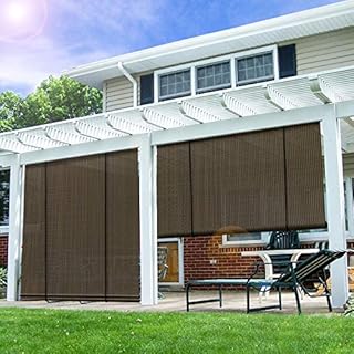 E&K Sunrise Roll up Shade Roller Shade 7'Wx6'H Porch Pergola Privacy Screen Roll up Blinds Sun Shade for Deck Gazebo Patio Back Yard Outdoor Sun Shade Brown