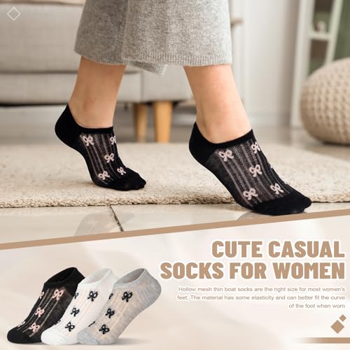 Image of Cutecrop 6 Pairs No Show Bow Socks Women Knit Coquette Cotton Breathable Ballet Style Cute Casual Hollow Mesh Socks for Women Low Cut Invisible Liner