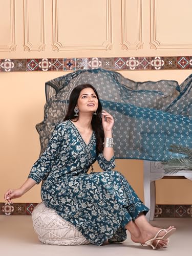 Image of ishin Indigo Floral printed angrakha tie-up kurta with pants and printed dupatta | Kurta set for women | Kurta with trousers and dupatta