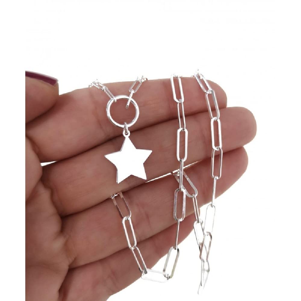 Gargantilla plata Ley 925m mujer 39 cm. forzada alargada aro combinado estrella colgante 15 mm.