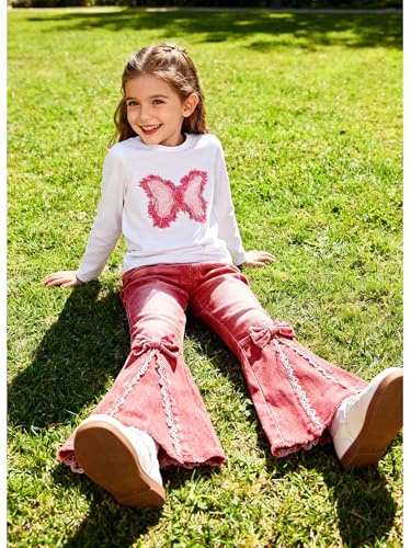 Image of Toddler Girl Clothes Long Sleeve Cartoon & Letter Graphic Top + Fruit Stationery Print Flared Leg Pants