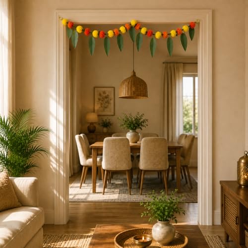 Image of LOVENSPIRE Marigold and Mango Leaf Door Toran (3 Ft.) Traditional Floral Garland Valance for Festival and Pooja Decor, Indian Bandarwal Hanging for Diwali, Weddings, and Housewarming Favors