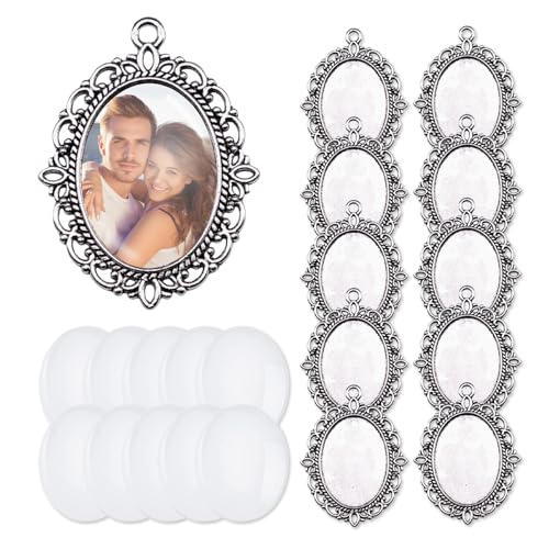 UAIAGM 20Pcs Photo Charms Cabochon Blanks Set 10Pcs Large Oval Pendant Trays with 10 Glass Cabochons for Memorial Jewelry Making Bridal Bouquet Charms DIY Custom Rosary Wedding Pendants