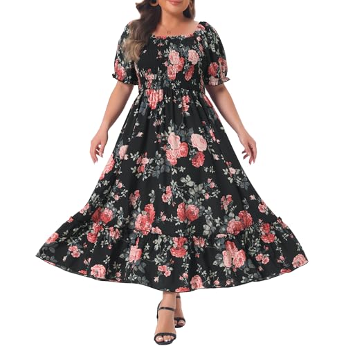 Image of Agnes Orinda Plus Size Dress for Women Short Sleeve Shirred Square Neck Floral Maxi Long Dresses