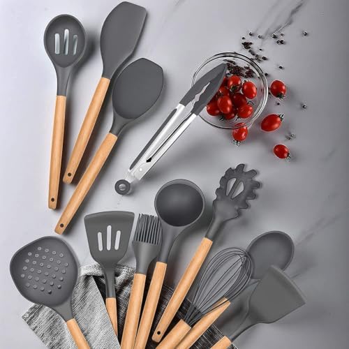 Image of 12-Piece Silicone Kitchen Utensil Set with Wooden Handles & Holder | Heat Resistant Non-Stick Cooking Tools | BPA Free Kitchen Spatula Set for Cooking & Baking