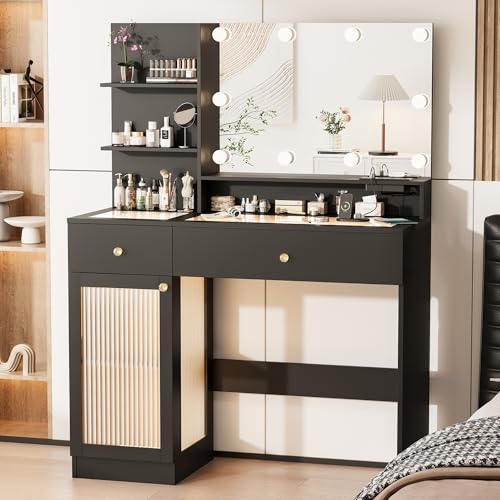 INNOD 40" Vanity Desk with Large Mirror and Lights, Modern