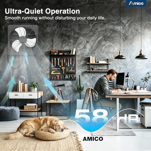 Image of Amico 16-Inch Shutter Exhaust Fan with Thermostat and Humidity Control, 2068 CFM Attic Fan with 8-Speed Auto Adjust, 68W Brushless EC Motor Vent Fan for Greenhouse,Garage,Chicken Coop, Gable Wall Vent