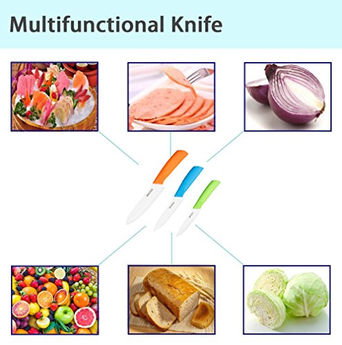 WACOOL Ceramic Knife Set 3-Piece (Includes 6-inch Chef's Knife, 5-inch Utility Knife and 4-inch Fruit Paring Knife), with 3 Knife Sheaths for Each Blade (Colorful Handle)