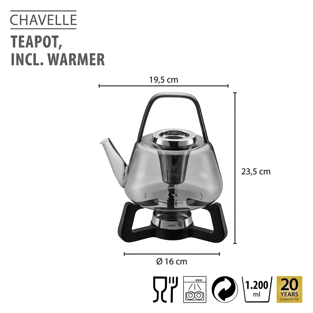 GEFU CHAVELLE Tetera con calientaplatos de 1,2 l – soplado a mano, vidrio de borosilicato, filtro de té de acero inoxidable, hierro fundido, apto para lavavajillas