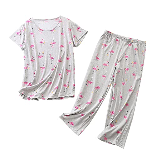 Image of Women Plus Size Pajama Sets Summer Cotton Sleepwear Tops with Capri Pants Pj Sets Fun Prints Pajama Sets