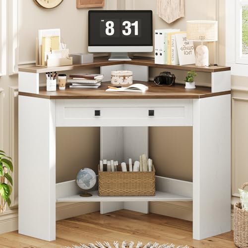 Corner Desk Triangle Computer Desk Home Office Workstation with Drawer and Monitor Stand for Small Spaces Farmhouse Corner Vanity Table for Bedroom Study Living Room (Rustic White and Brown)