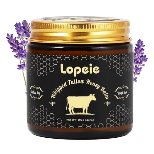 Lopeie Upgraded Organic Beef Tallow for Skin & Face – Whipped Grass-Fed Tallow and Honey Balm for Dry, Sensitive Skin, Natural Hydrating Anti Aging Moisturizer with Raw Wild Honey(Lavender 4.23 Oz)