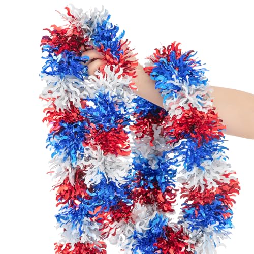33Ft 4Th Of July Patriotic Tinsel Garland Red White Blue Glitter Metallic Twist Foil Tinsel Garland For Independence Day Memorial Day Party Door Tree Indoor Outdoor Decoration