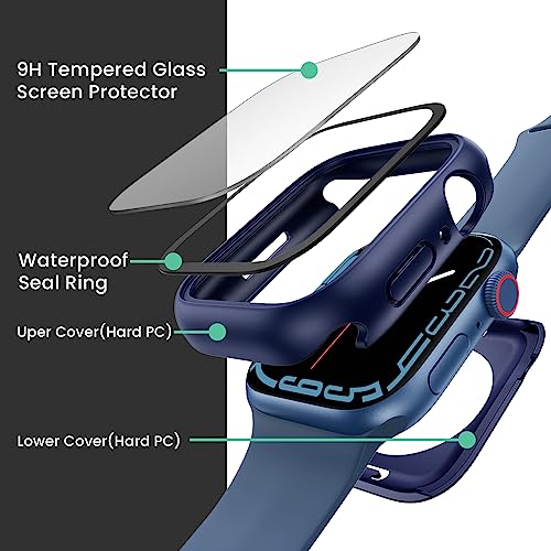 Image of 3 in 1 Goton Waterproof Hard Case for Apple Watch Screen Protector 44mm, 360 Slim Full Protective Tempered Glass Face Cover + Back Hard PC Bumper for iWatch SE 3 /SE 2 /SE, Series 6 /5 /4, 44mm Blue