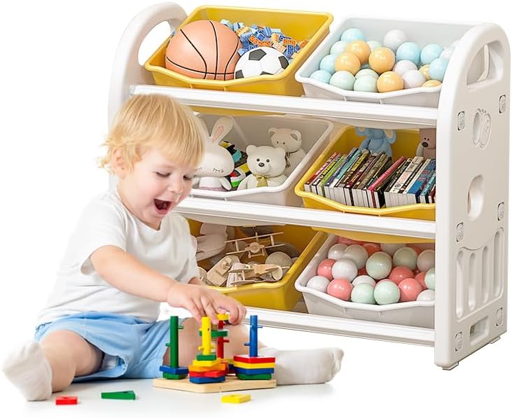 Miniatura 7 de Estante organizador de almacenamiento de juguetes, estante para libros para niños con 6 contenedores, gabinete de organización de sala de juegos,