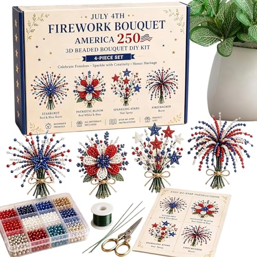 Flores de perlas hechas a mano para el 4 de julio, juego artesanal azul y rojo