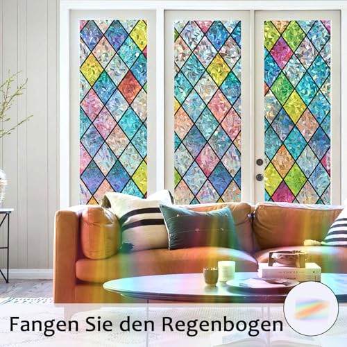 Bectosy Fensterfolie Blickdicht Regenbogen Sichtschutzfolie, Statisch Haftend Fenster Bunt, 3D Regenbogeneffekt Fensterfolie, 44.5 × 200cm ohne Klebstoff UV-Schutz für Wohnzimmer Küche Badezimmer