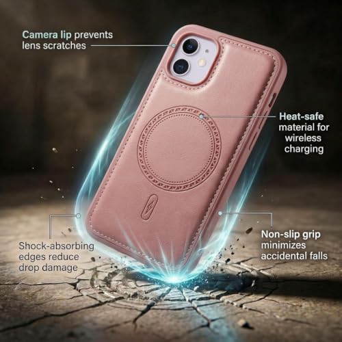 Image of amazon basics Premium PU Leather Case for iPhone 11, MagSafe Compatible Magnetic Ring, Sleek Protective Back Cover - [Pink]