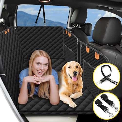 JUSTWOOF Dog Car Seat for Back Seat,100% Waterproof Back Seat Extender for Dog with Hard Bottom,Scratchproof Nonslip,Dog Hammock with Mesh Window and