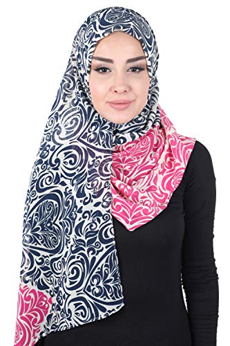 Aisha's Design Chiffon Hijab Scarf for Women Muslim, Presewn Instant Turban Shawl, Navy Blue - Fuchsia