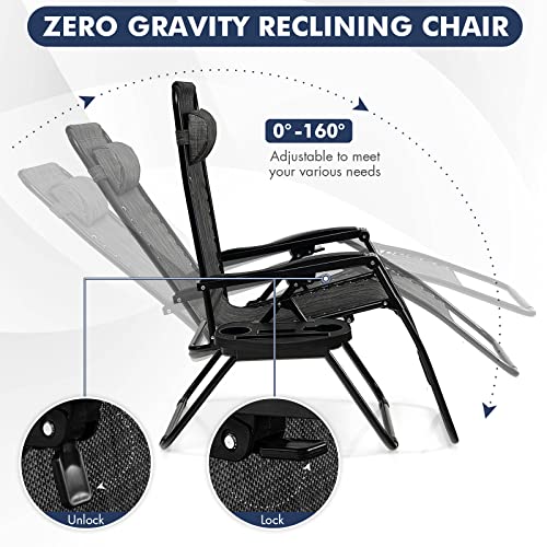 Image of Giantex 2 PCS Zero Gravity Chair, Outdoor Chaise Lounge with Cup Holder, Patio Folding Chairs Recliner for Yard Pool Lawn Balcony, Gray