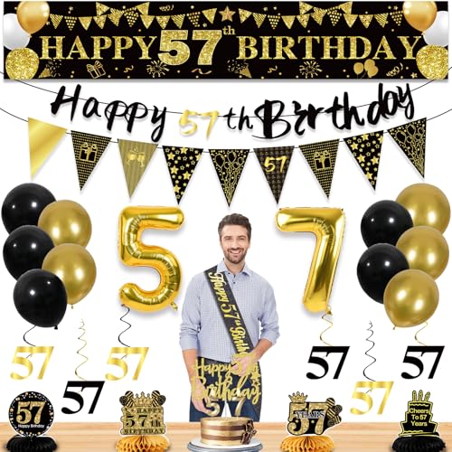 Image of 57th Birthday Decorations for Men, Black Gold 57th Party Decoration Kits | 27pcs Happy 57th Birthday Set, Banner, Honeycomb, Balloons, Gold Number, Candle, Hanging Swirls, Cake Topper, Party Supplies